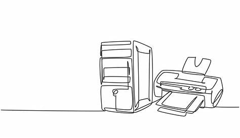 One single line drawing of cpu computer with inkjet printer for small home office. Electricity