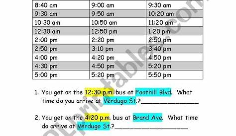 Reading a Bus Schedule - ESL worksheet by melodyioele | Reading