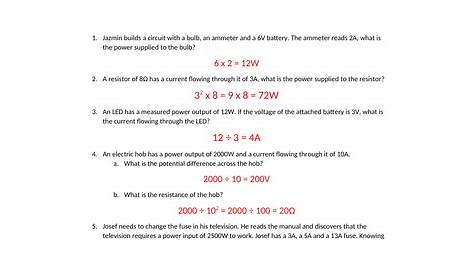 electrical power and energy worksheet answers