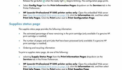 Print information pages, Configuration page, Supplies status page | HP