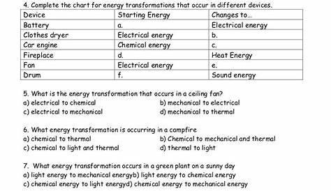 energy transformation worksheet 8th grade