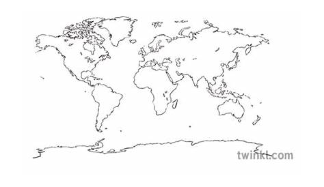 World Map Black and White Outline Illustration - Twinkl