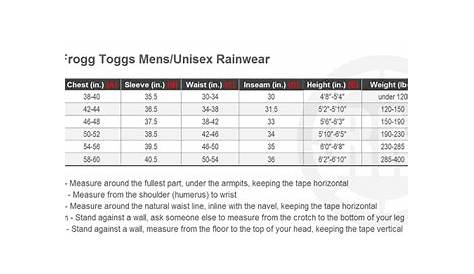 frogg toggs rain suit size chart