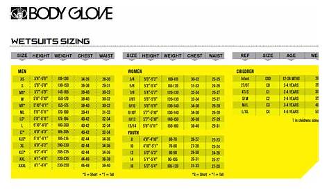 body glove wetsuit size chart