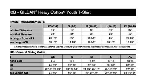 youth t-shirt size chart gildan
