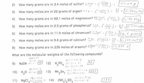 grams moles calculations worksheet answers