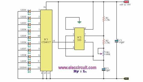 LED Chaser circuit by IC 4017 + IC 555 -Eleccircuit.com
