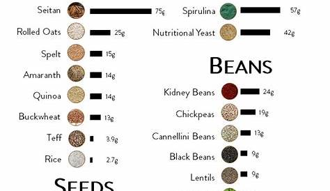 Vegan protein sources chart, provides grams of protein per 100g #