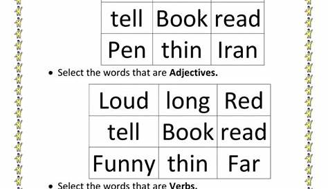 verbs adjectives and nouns worksheets