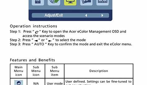 Acer ecolor management operation instructions, Features and benefits