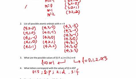 Quantum Numbers Worksheet I Answers