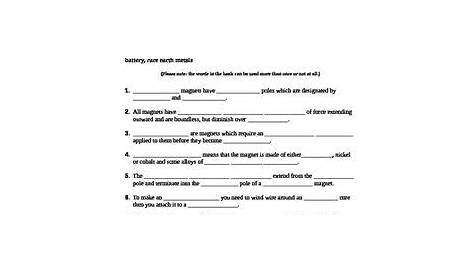 Magnets and Magnetic Fields - Worksheet - Fill in the blank | Science worksheets, Free science