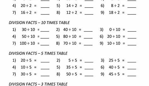 times tables and division facts worksheets