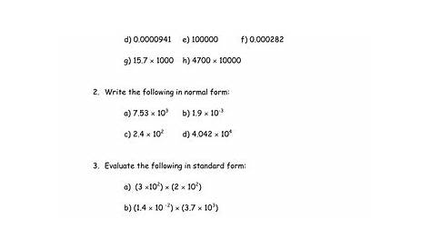 standard form worksheets answers