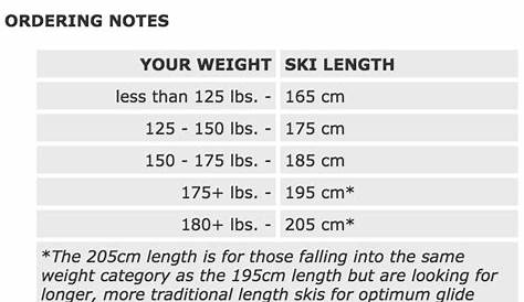 x country ski size chart