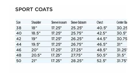 mens sport coat size chart