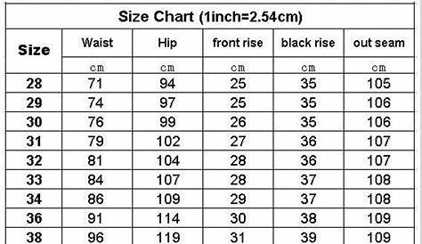 man jeans size chart