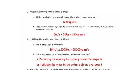 momentum worksheet answers physical science