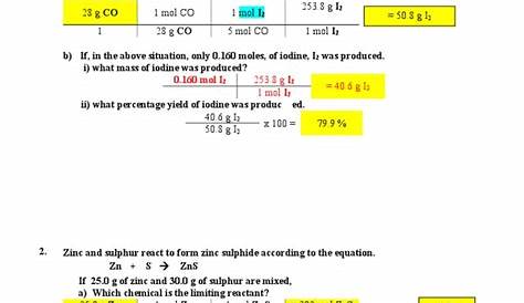 Limiting Reagents and Percentage Yield Worksheet answers.doc | Zinc