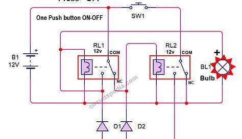 Single Push Button ON OFF Relay Latching Switch Circuit Diagram