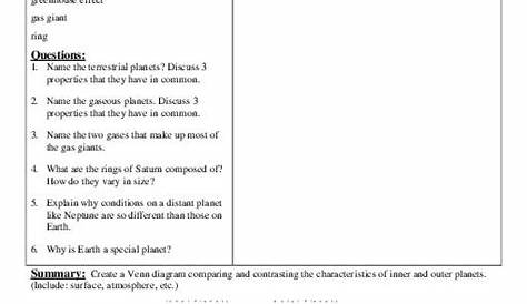 the inner planets worksheet answers