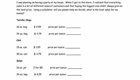 unit rate worksheets with answers