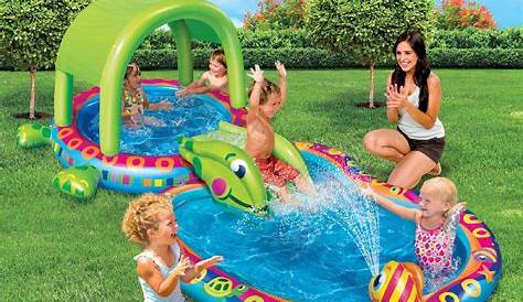 Banzai Shade 'N Slide Turtle Inflatable Kiddie Splash Pool Set with