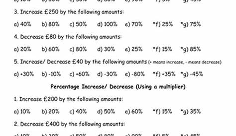 percentage increase and decrease worksheet with answers