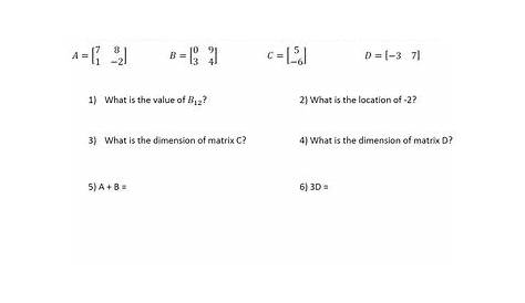 Matrix Operations Worksheet (4 versions) Add, Subtract, Multiply, w