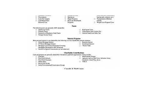 list of itemized deductions worksheet