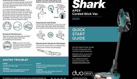 SHARK APEX DUOCLEAN ZS362 VACUUM CLEANER QUICK START MANUAL | ManualsLib