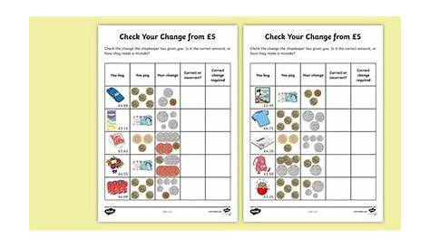 Check Your Change From £5 Worksheet (teacher made)