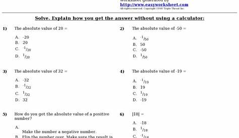 Easy Worksheet: Absolute Value Worksheet for 6th - 8th Grade | Lesson