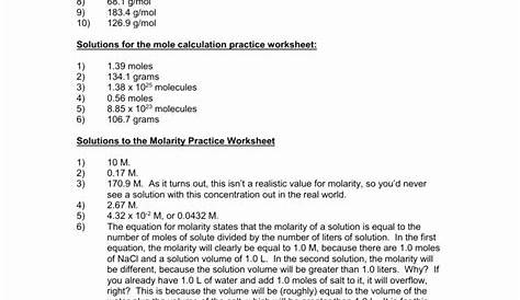 molarity m worksheet answers