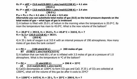 mixed gas laws worksheet - solutions