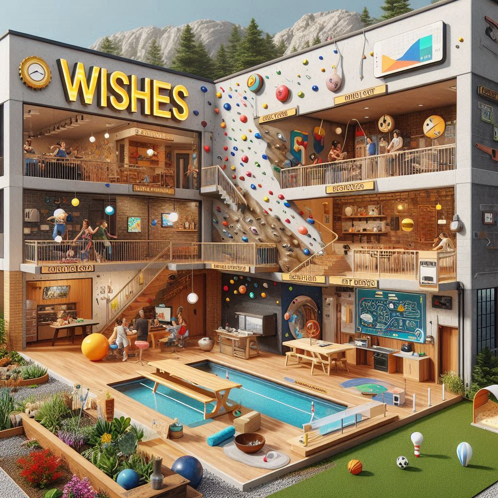 A realistic depiction of a vibrant community clubhouse named 'WISHES', featuring a rock wall for climbing, a sauna room, bungee cord exercise equipment, a high-tech invention room with plaques, a kitchen with a brick oven and graffiti artwork, a glass-blowing area, a mini bowling alley strip, an art room with wood carving and proxy tables, a podcast studio, a radio station, a news anchor mentorship program, a robotics project, a garden with fresh produce and flowers, a circle-round cathedral ceiling with stained glass, gymnastics bungee cords, a photography lab, and shape-shifting walls for events. The scene should feel immersive, as if you're inside the place, showcasing the creativity, innovation, and community spirit.