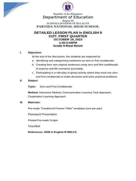 A Detailed Lesson Plan for Grade 9 COT1 Draft 2 Septemebr 22 2023 | PDF ...