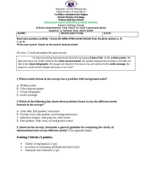 3rd Quarter School Assessment Test (SAT) in Oral Communication - Studocu