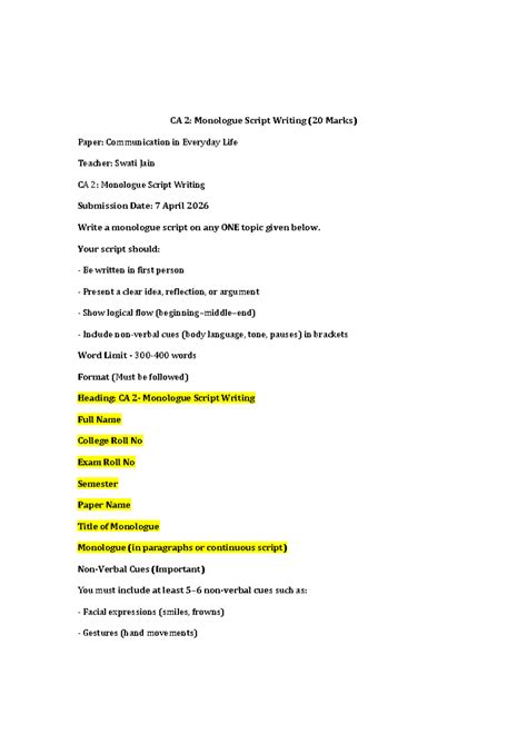 CA2: Monologue Script Writing Guidelines for CIEL Class - Studocu