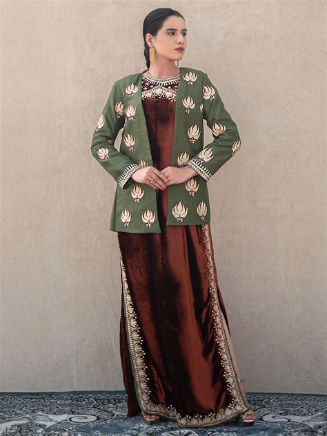 Rust Kashmiri Tilla Embroidered Velvet Dress with Jacket- Set of 2
