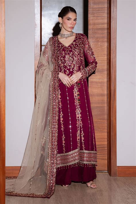 Maroon Embroidered Chiffon Pakistani Suit | Nureh Luxury Formal Wedding ...