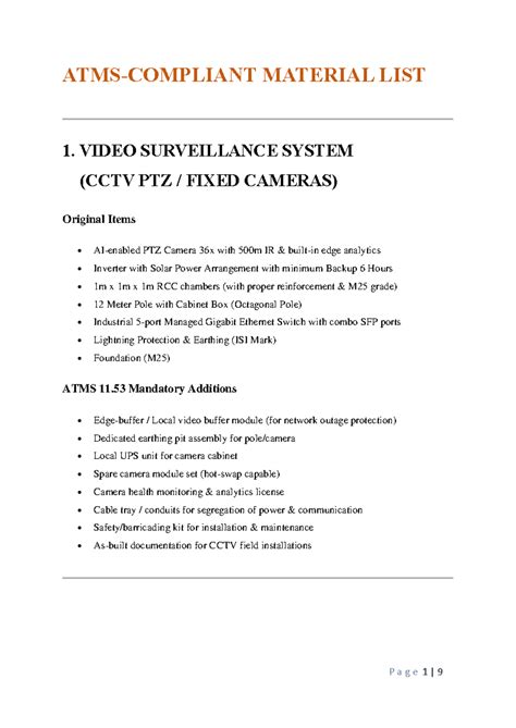 ATMS Equipment Material List for Video Surveillance & VMS Systems - Studocu