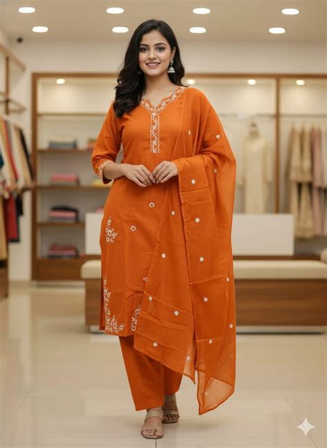 Embroidered Cotton Kurta Set with Dupatta - Prisha Fashion and Beauty