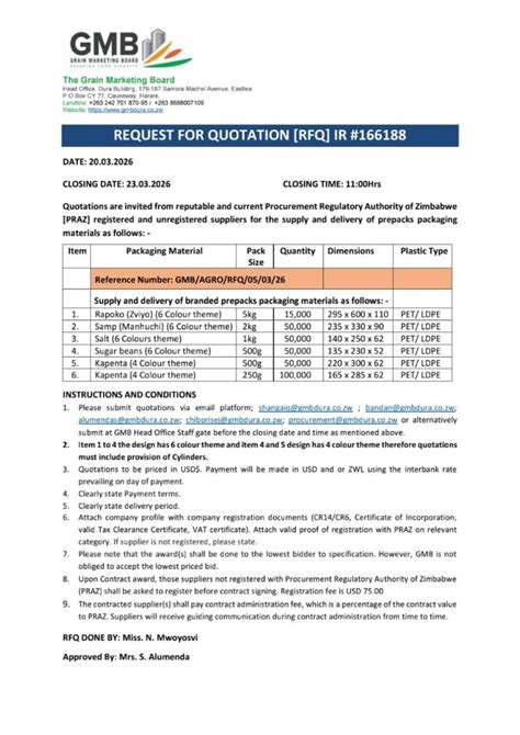 Request for quotation (RFQ) IR #166188 - Grain Marketing Board
