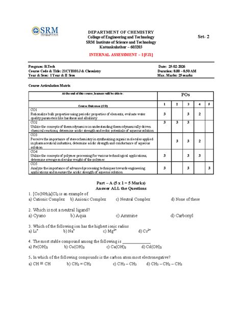 Chemistry Internal Assessment I - 21CYB101J - B.Tech 1st Year - Studocu