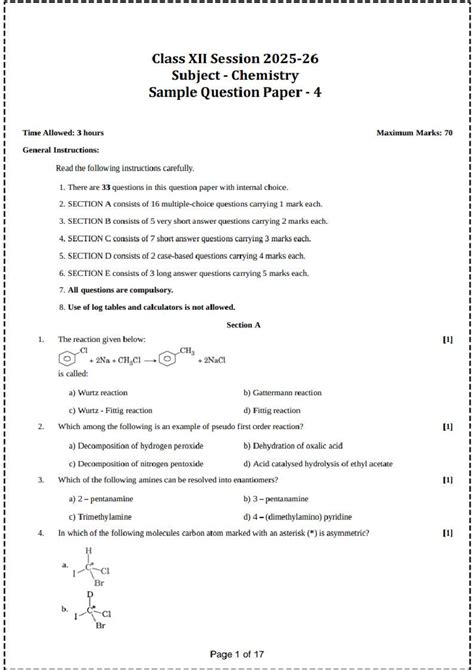 12th Chemistry Sample Question Paper 4 - Time: 3 Hours, Max Marks: 70 ...