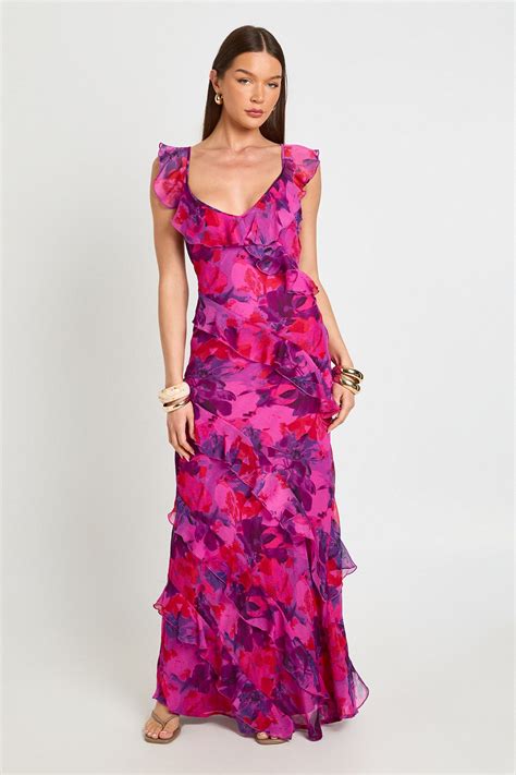 Hot Pink Chiffon Ruffle Detail Backless Floral Maxi Dress | Boohoo