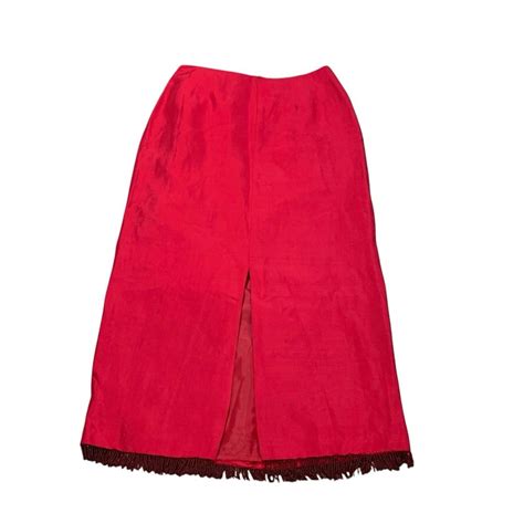 Clio Womens vintage Red Silk Embroidered Maxi Pencil Skirt 8P Beaded ...
