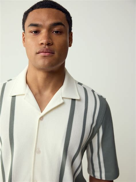 Buy Ecru Sage Green Regular Fit Short Sleeve Jersey Stripe Shirt from ...