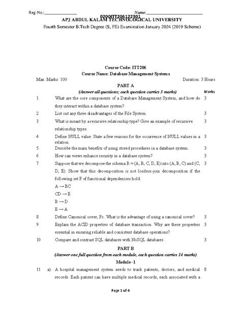 Reg 0200ITT206122301 B.Tech 4th Sem Exam Jan 2024: DBMS QP - Studocu